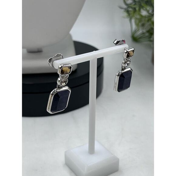 Lia Sophia Drama Club Blue Yellow Rhinestone Silver Tone Necklace Earring Set - Picture 7 of 14